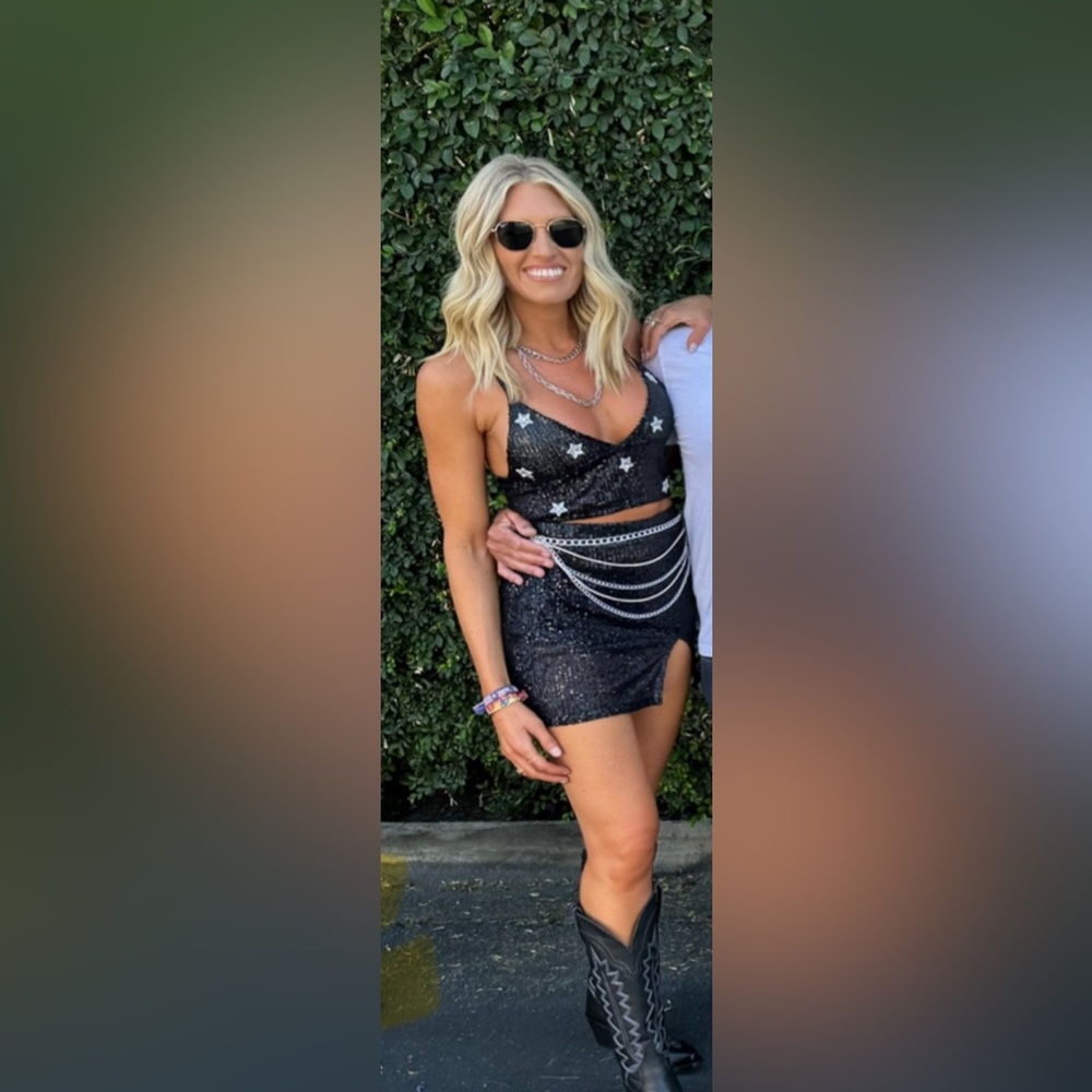 East N West Label Black sequin star crop top & mini skirt set festival | Size M - Picture 4 of 17